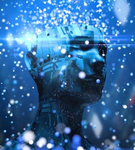 artificial intelligence technology head with data sources