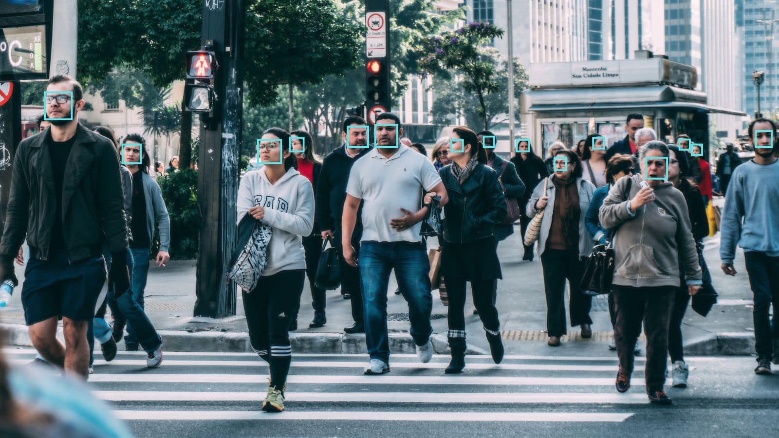 People in public being surveilled by face recognition technology