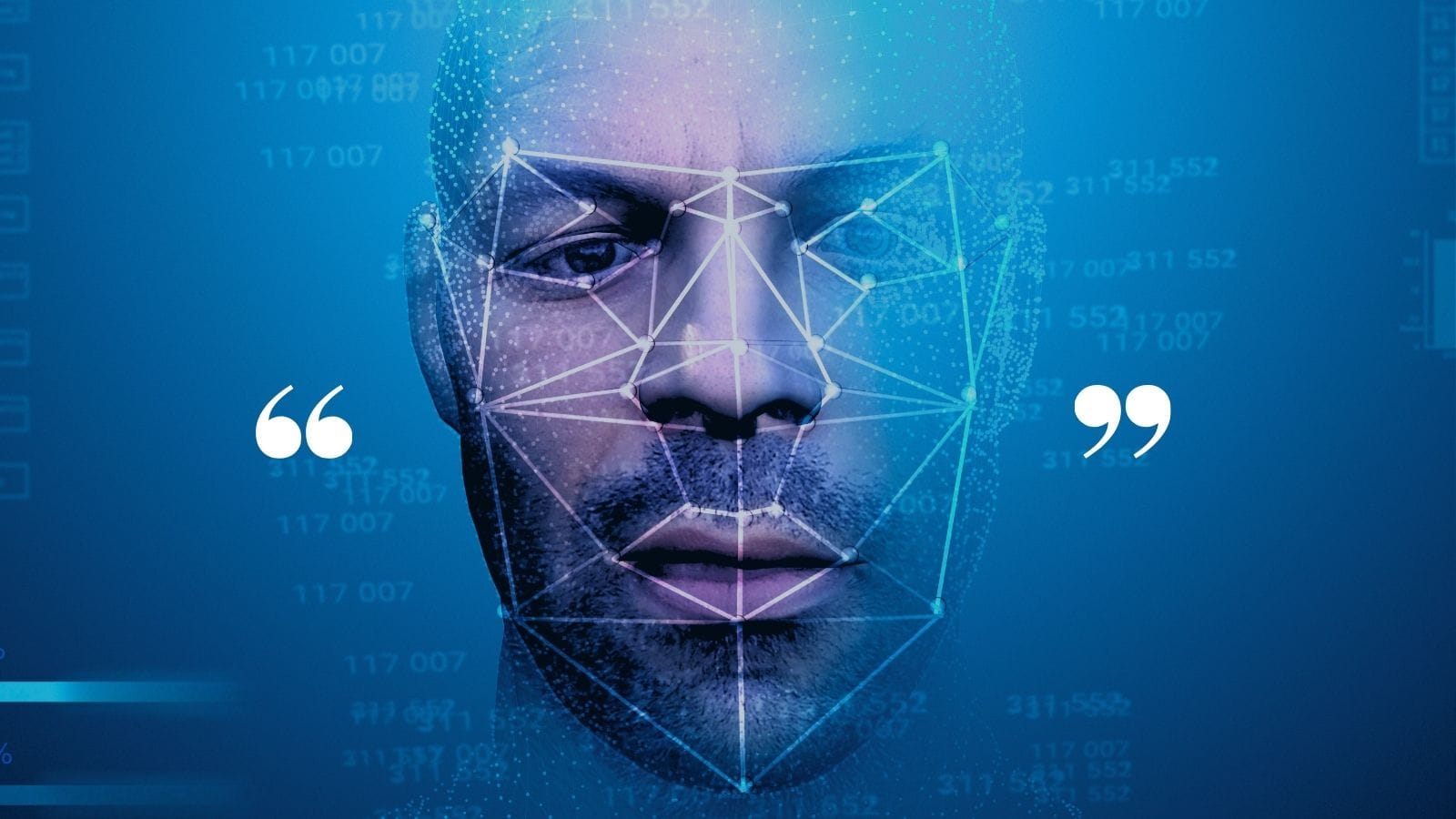 A man's face with a speech bubble, highlighting Biometrics Institute members' call for a consistent approach to facial recognition.